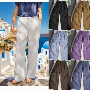 Summer casual women linen wide leg pants with drawstring high waist beach trousers stylish