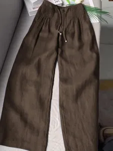 Brown cotton wide leg pants detail, high waist drawstring casual straight trousers.