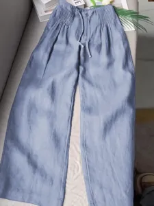 Women Summer Casual Linen Cotton Wide Leg Pants High Waist Drawstring Trousers Blue