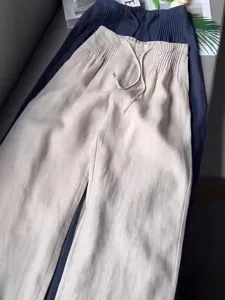 Women casual wide leg trousers high waist drawstring loose cotton linen pants summer