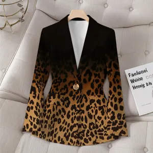 Detailed view of a stylish women leopard print gradient blazer with lapel collar and button.
