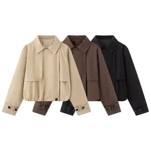 Women Casual Loose Trench Coat Short Single Breasted Polo Collar Long Sleeve Outerwear French Fashion Chic Jacket