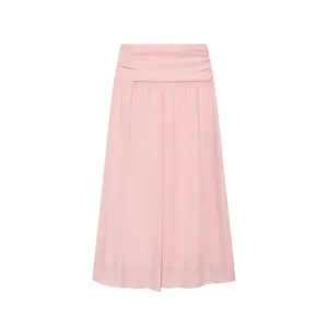 Pink pleated midi skirt for women, high-waisted ruched design, elegant flowy daily wear.