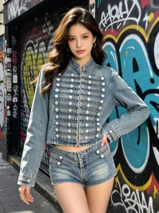 Women denim jacket and shorts set, vintage style, high waist, casual streetwear outfit.