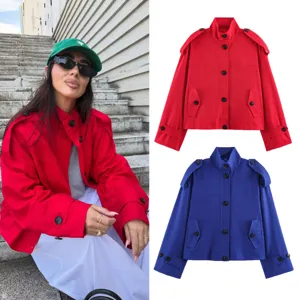 Womens Casual European American Style Cotton Linen Trench Coat Short Loose Stand Collar Long Sleeve Jacket With Pockets