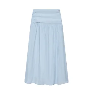 Light blue women's maxi skirt with wide waistband detail, elegant pleated long skirt design.