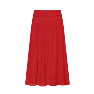 Red pleated midi skirt with wide waistband elegant solid color casual daily wear women fashion apparel