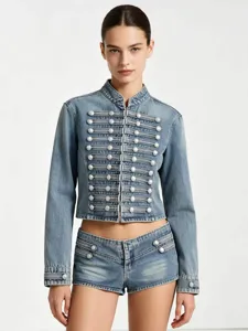 Women Fashion Streetwear Denim Jacket And High Waist Shorts Two Piece Set Stand Collar Long Sleeve Button Casual Outfit