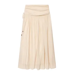 Beige pleated midi skirt for women, featuring a wide ruched waistband and side tie details.