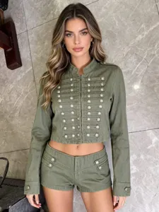 Stylish women military style crop jacket and high waist shorts two piece set for street fashion.
