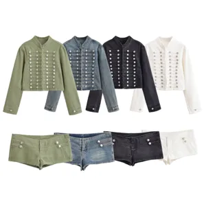 Women's denim jacket and shorts two-piece set, military style metal buttons streetwear.