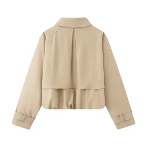 Beige cropped trench coat for women with lapel and pleated back design for casual wear.