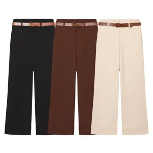 Détails du pantalon décontracté droit taille haute pour femme avec ceinture et revers.