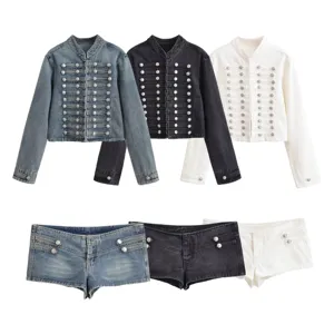 Women Denim Jacket and Shorts Two Piece Set Vintage Military Metal Buttons Streetwear