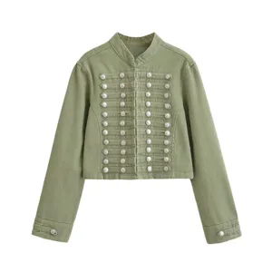 Olive green military denim jacket featuring metallic buttons and stylish cropped length fit.