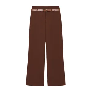 Pantalon casual droit taille haute à revers pour femmes, élégant pantalon marron avec ceinture.
