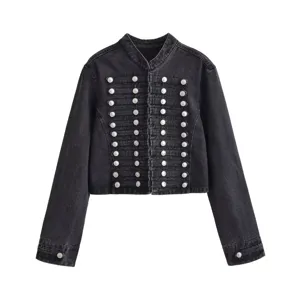 Black denim jacket detail, mandarin collar, military style metal buttons and braided trim.