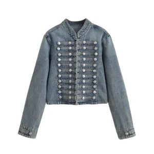 Stylish cropped denim jacket with military style metal buttons and classic blue wash.