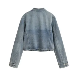 Women casual cropped blue denim jacket, vintage washed back view design, stylish outerwear.