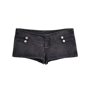 Dark wash denim hot pants detail, low waist design with stylish silver metal decorative buttons.