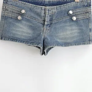 Blue denim high-waisted hot pants detail, featuring metallic buttons and stylish stitching.