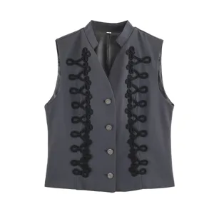Dark grey sleeveless vest with mandarin collar, metal buttons and decorative black rope knots.
