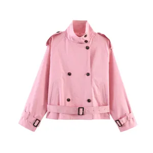 Pink cropped trench coat detail, high collar, double-breasted buttons, and waist belt.