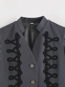 Women slim fit military style stand collar sleeveless waistcoat with black rope braiding detail.