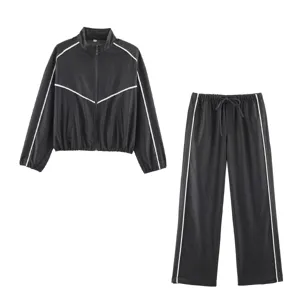 Womens tracksuit two piece set stand collar zip jacket and wide leg pants activewear