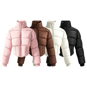 Damen schmale Stehkragen Puffer Jacke Detailansicht, farbige winterwarme Reißverschluss Outwear.