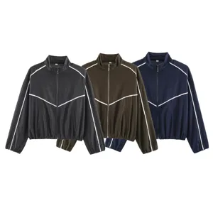 Women color block stand collar jacket coat detail view, casual zip up outerwear style.