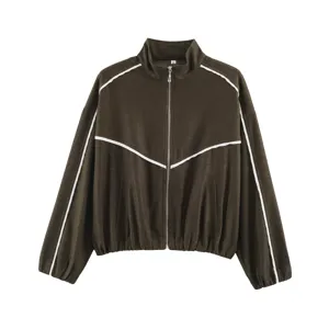 Dark brown stand collar zip jacket with white contrast stripes and elastic hem and cuffs.