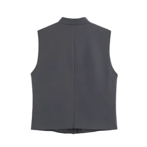 Back detail of dark gray sleeveless vest waistcoat, fine stitching and clean cut tailored finish.