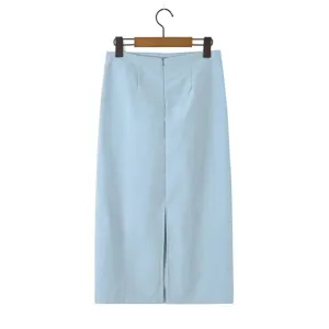 Light blue midi skirt detail view, high waist and back slit design, clean clothing texture.