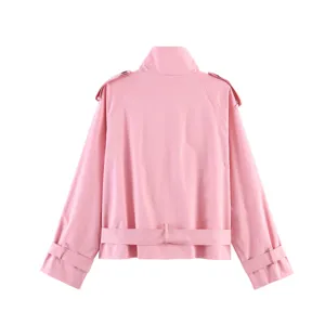 Pink womens stand collar short trench coat with belt and epaulets casual outerwear detail.