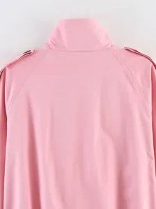 Women pink stand collar trench coat detail back view, stylish outerwear apparel for daily wear.