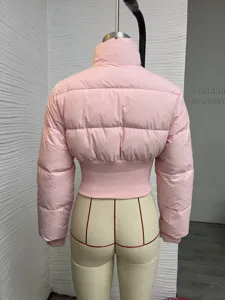 Damen rosa kurzte Steppjacke lässiger Stehkragen Reißverschluss Wintermantel Oberbekleidung