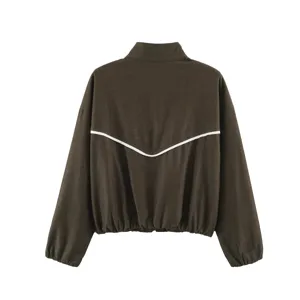 Women casual stand-up collar jacket detail view, back V-shape contrast piping design.