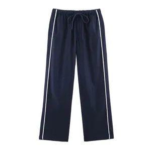 Casual blue wide leg pants with white side stripes and comfortable elastic drawstring waist.