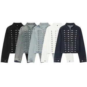 Damen Mode Stehkragen Jeansjacke Vintage Langarm Zweireihig Knopf Kurzer Mantel Oberbekleidung