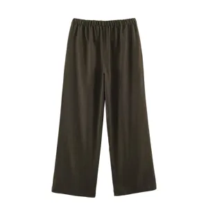 Women's casual wide-leg trousers with elastic high waist, comfortable dark brown pants for daily wear