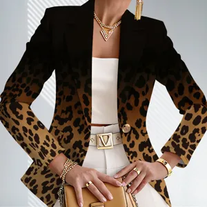 Leopard print gradient women blazer jacket elegant lapel fashion casual outerwear detail