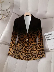 Leopard print gradient blazer detail, stylish lapel and single button design for women.