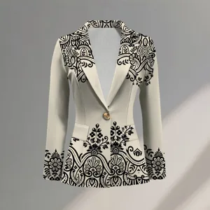 Women Chic Printed Blazer Elegant Notch Lapel Long Sleeve Casual Suit Jacket Outerwear
