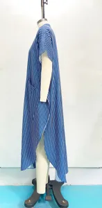 Blue and white striped beach dress detail, side slit batwing sleeve cover up fashion.