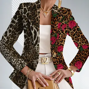 Elegant women's blazer featuring a chic leopard and rose print, lapel collar, and long sleeves.