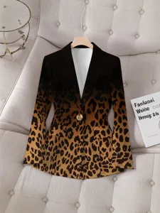 Women's gradient leopard print blazer elegant lapel long sleeve single button suit jacket