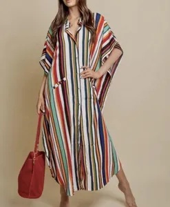 Colorful vertical striped beach dress caftan cover up batwing sleeve summer holiday dress
