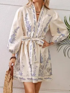 Women bohemian floral print long sleeve V-neck dress with belt spring casual chic apparel