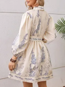 Women bohemian print V-neck long sleeve dress elegant casual stylish spring wear back view